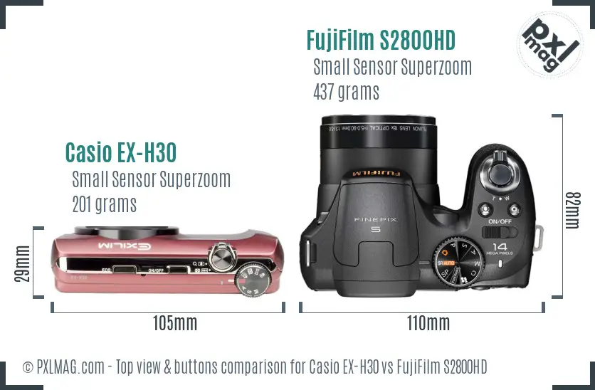 Casio EX-H30 vs FujiFilm S2800HD top view buttons comparison