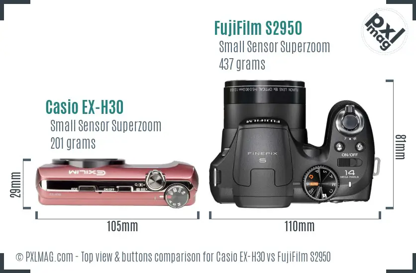 Casio EX-H30 vs FujiFilm S2950 top view buttons comparison Casio EX-H30 vs FujiFilm S2950 top view buttons comparison
