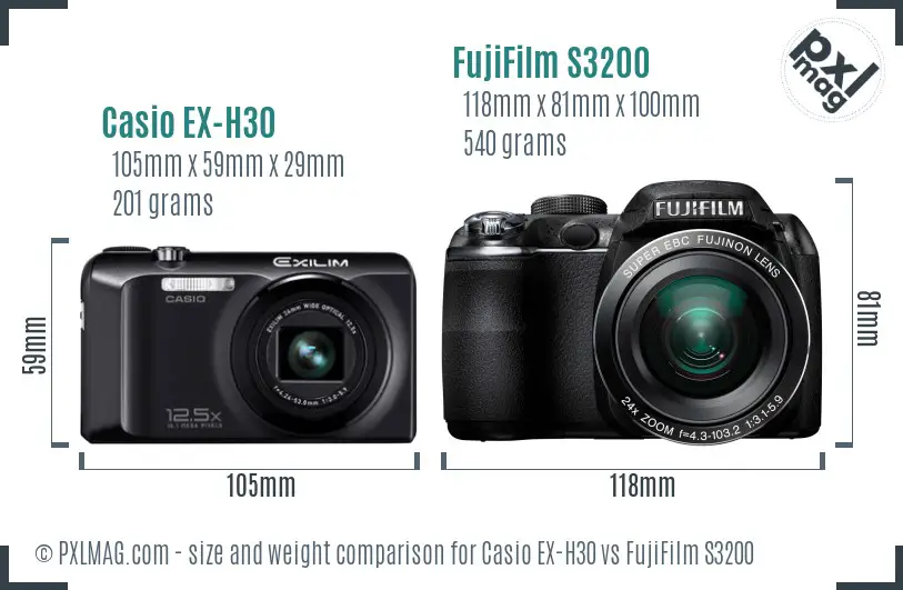 Casio EX-H30 vs FujiFilm S3200 size comparison Casio EX-H30 vs FujiFilm S3200 size comparison