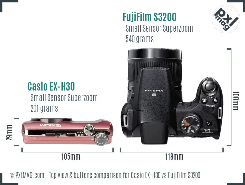 Casio EX-H30 vs FujiFilm S3200 top view buttons comparison Casio EX-H30 vs FujiFilm S3200 top view buttons comparison