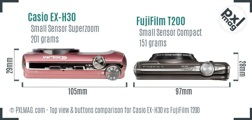 Casio EX-H30 vs FujiFilm T200 top view buttons comparison Casio EX-H30 vs FujiFilm T200 top view buttons comparison