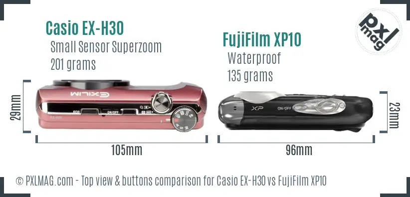 Casio EX-H30 vs FujiFilm XP10 top view buttons comparison