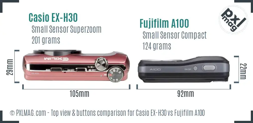 Casio EX-H30 vs Fujifilm A100 top view buttons comparison