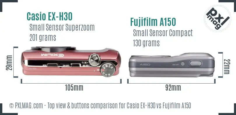 Casio EX-H30 vs Fujifilm A150 top view buttons comparison