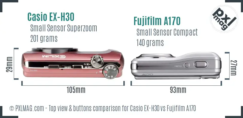 Casio EX-H30 vs Fujifilm A170 top view buttons comparison Casio EX-H30 vs Fujifilm A170 top view buttons comparison
