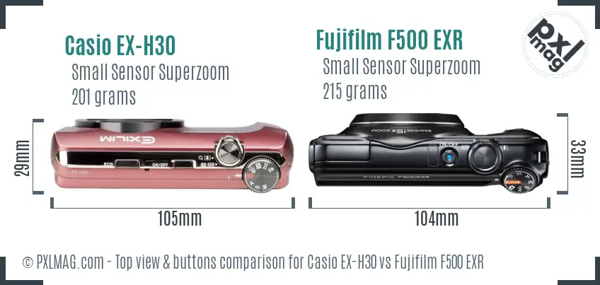 Casio EX-H30 vs Fujifilm F500 EXR top view buttons comparison Casio EX-H30 vs Fujifilm F500 EXR top view buttons comparison
