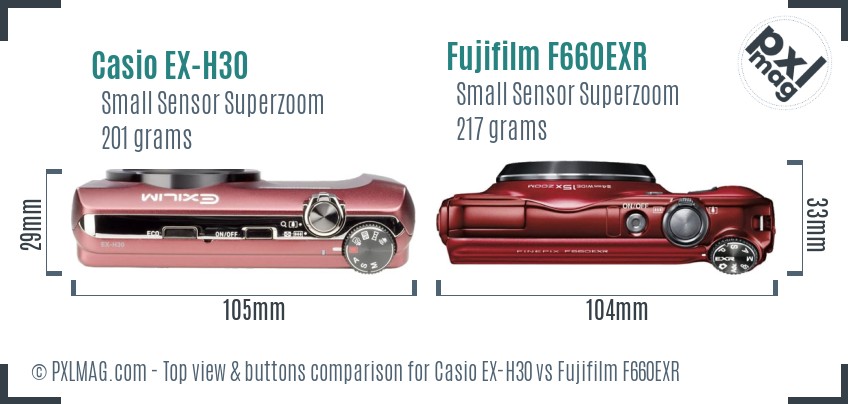 Casio EX-H30 vs Fujifilm F660EXR top view buttons comparison