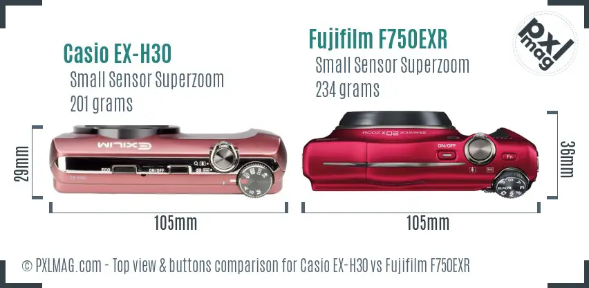Casio EX-H30 vs Fujifilm F750EXR top view buttons comparison
