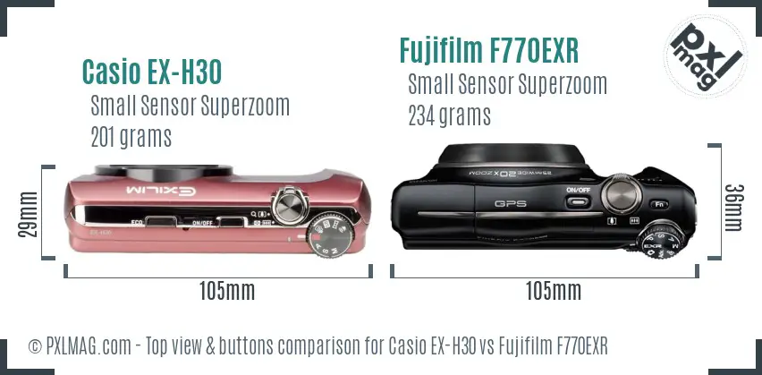 Casio EX-H30 vs Fujifilm F770EXR top view buttons comparison