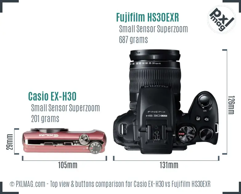 Casio EX-H30 vs Fujifilm HS30EXR top view buttons comparison