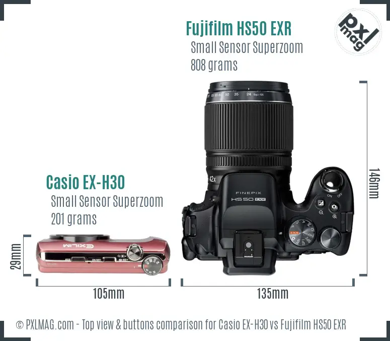 Casio EX-H30 vs Fujifilm HS50 EXR top view buttons comparison