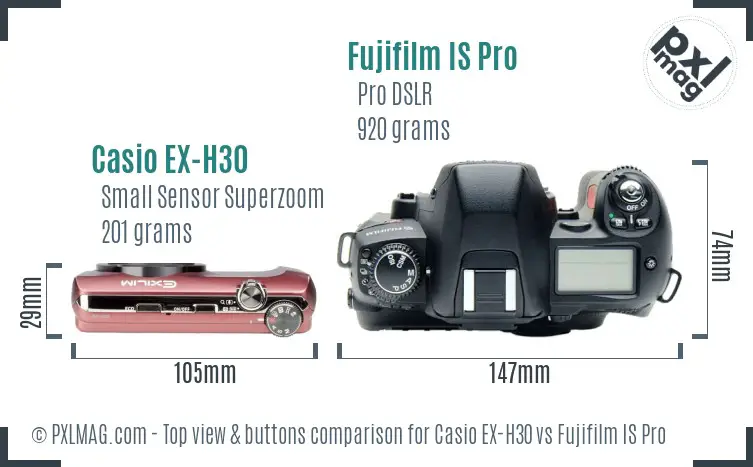 Casio EX-H30 vs Fujifilm IS Pro top view buttons comparison