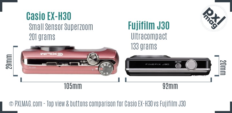 Casio EX-H30 vs Fujifilm J30 top view buttons comparison