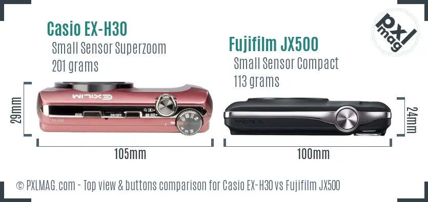 Casio EX-H30 vs Fujifilm JX500 top view buttons comparison