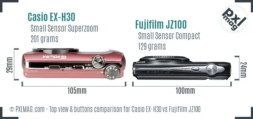 Casio EX-H30 vs Fujifilm JZ100 top view buttons comparison