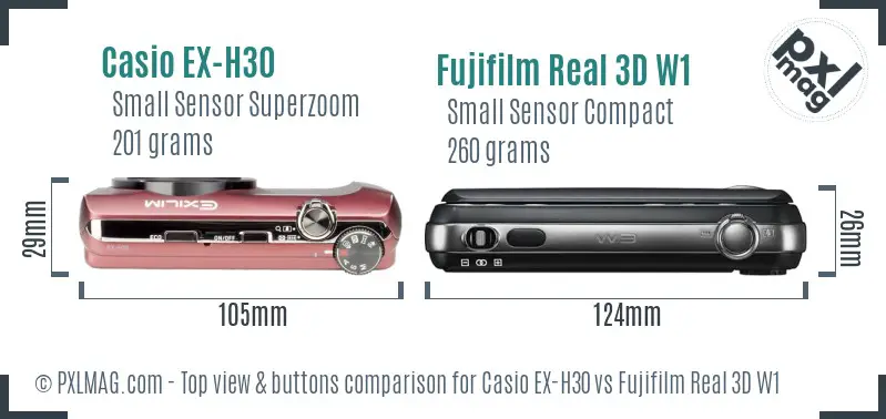 Casio EX-H30 vs Fujifilm Real 3D W1 top view buttons comparison