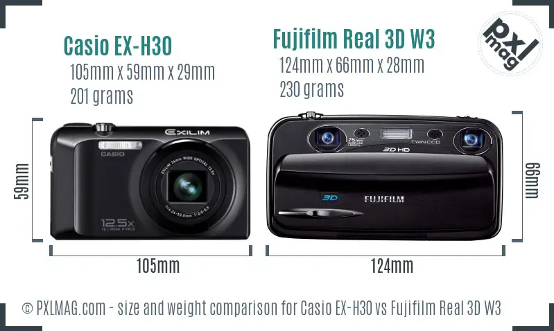 Casio EX-H30 vs Fujifilm Real 3D W3 size comparison