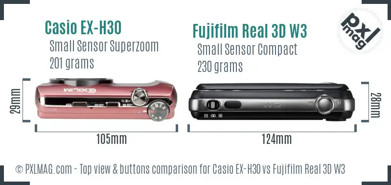 Casio EX-H30 vs Fujifilm Real 3D W3 top view buttons comparison
