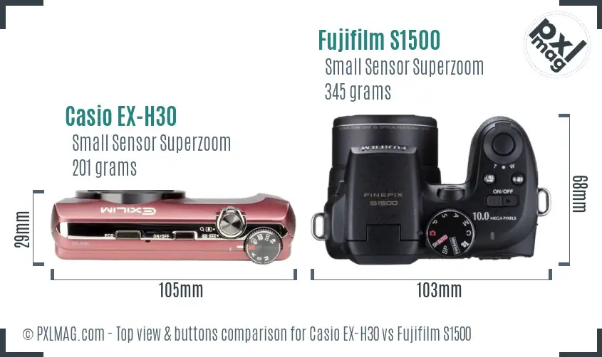 Casio EX-H30 vs Fujifilm S1500 top view buttons comparison