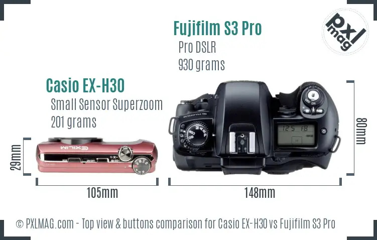 Casio EX-H30 vs Fujifilm S3 Pro top view buttons comparison