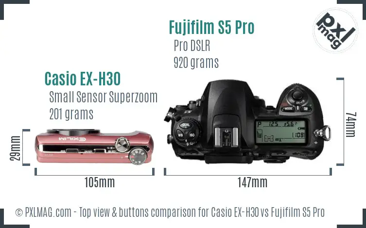 Casio EX-H30 vs Fujifilm S5 Pro top view buttons comparison