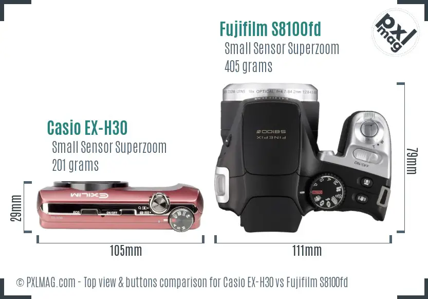 Casio EX-H30 vs Fujifilm S8100fd top view buttons comparison