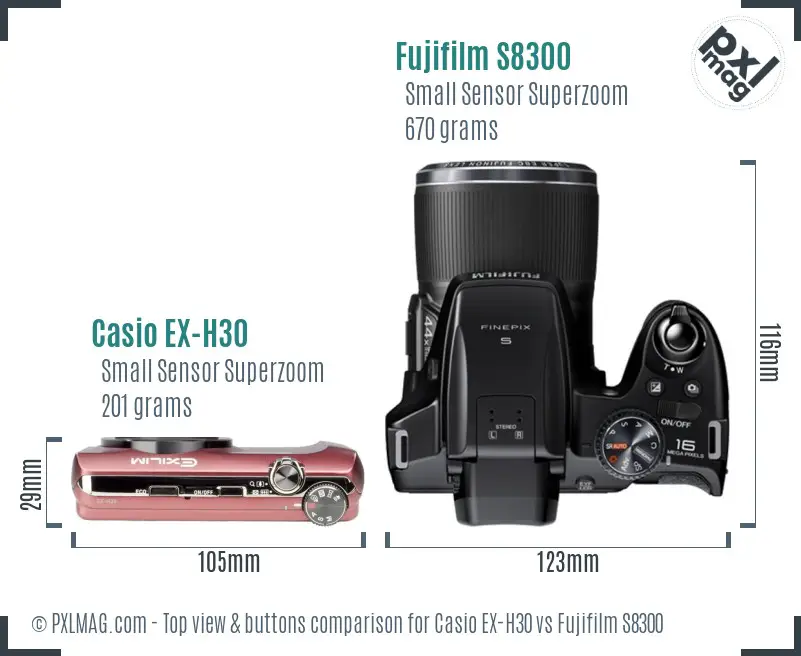 Casio EX-H30 vs Fujifilm S8300 top view buttons comparison