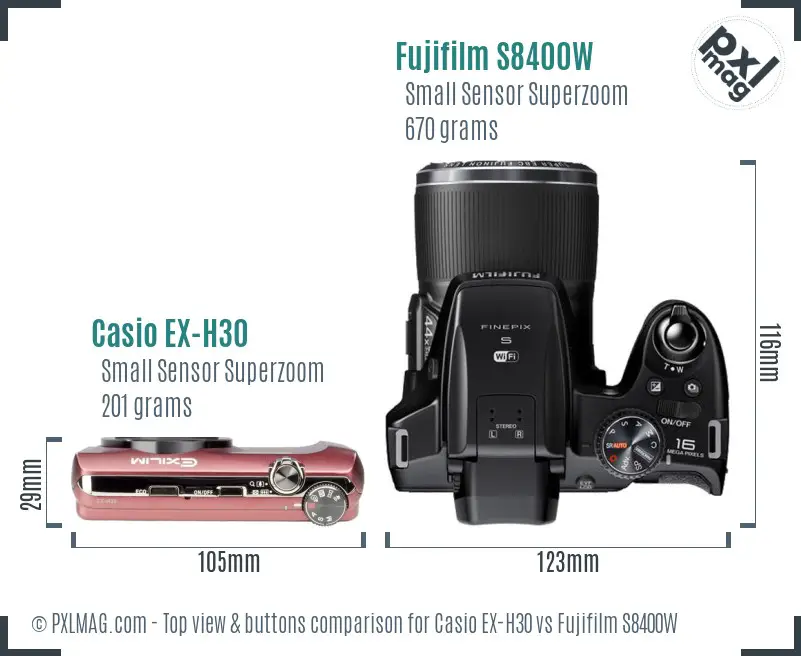 Casio EX-H30 vs Fujifilm S8400W top view buttons comparison