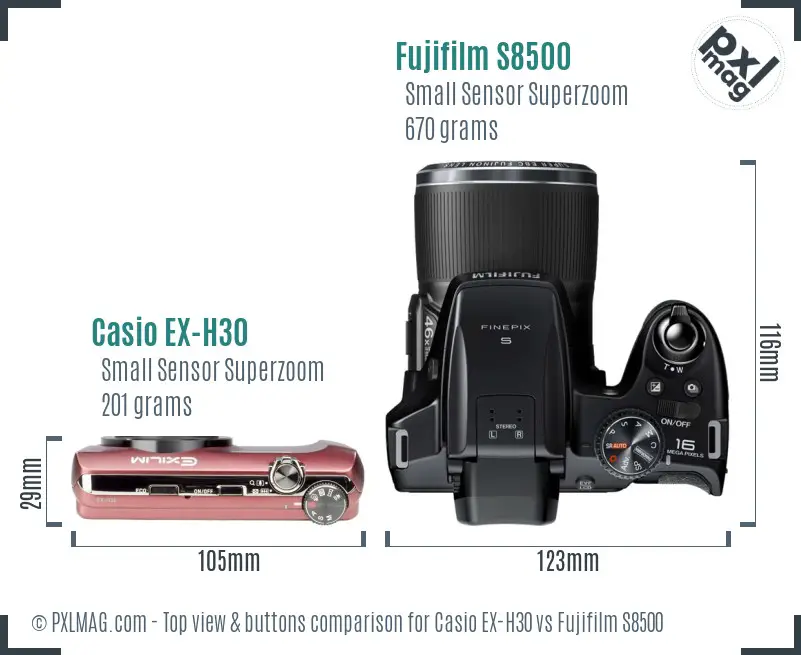Casio EX-H30 vs Fujifilm S8500 top view buttons comparison