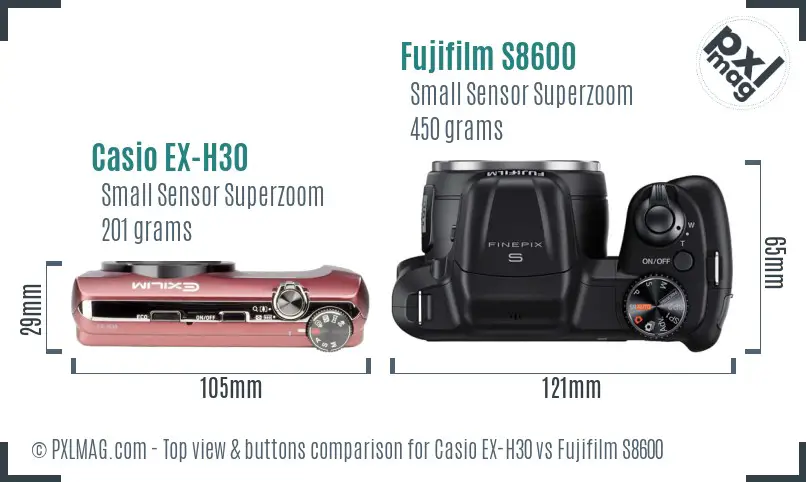 Casio EX-H30 vs Fujifilm S8600 top view buttons comparison