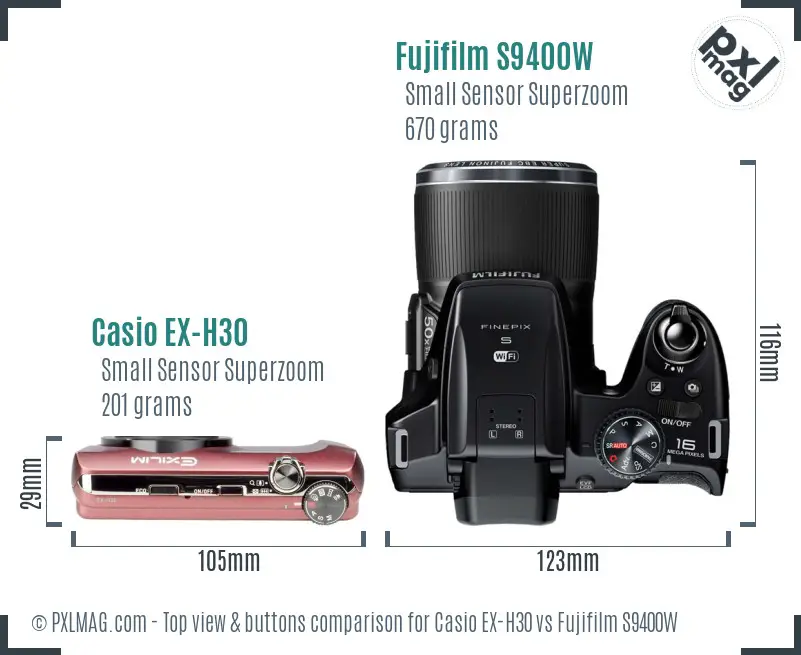 Casio EX-H30 vs Fujifilm S9400W top view buttons comparison