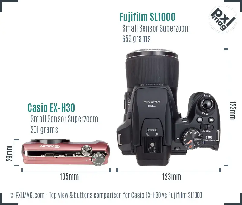 Casio EX-H30 vs Fujifilm SL1000 top view buttons comparison