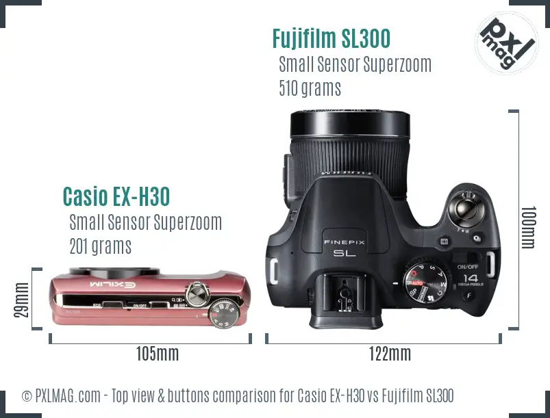 Casio EX-H30 vs Fujifilm SL300 top view buttons comparison Casio EX-H30 vs Fujifilm SL300 top view buttons comparison