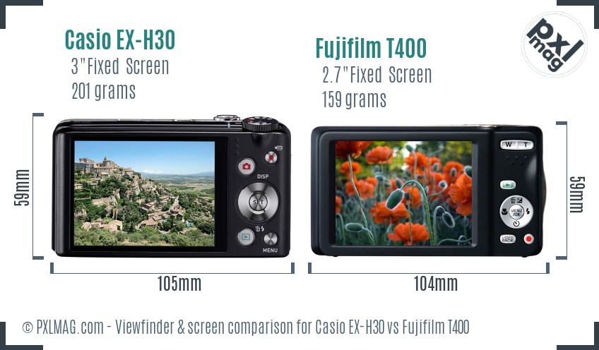 Casio EX-H30 vs Fujifilm T400 Screen and Viewfinder comparison