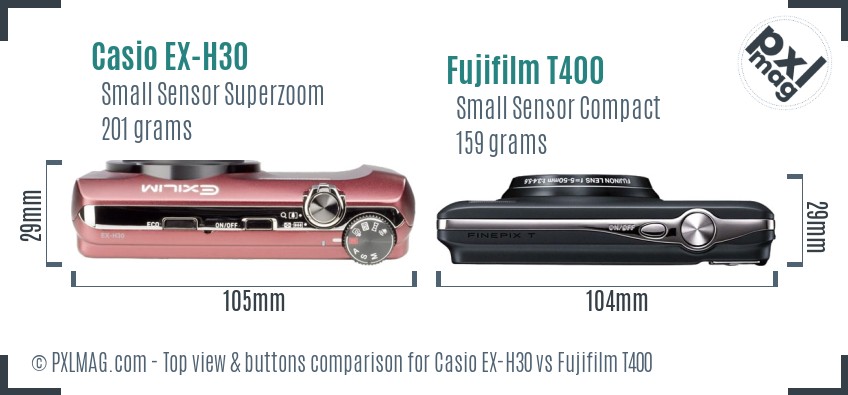 Casio EX-H30 vs Fujifilm T400 top view buttons comparison