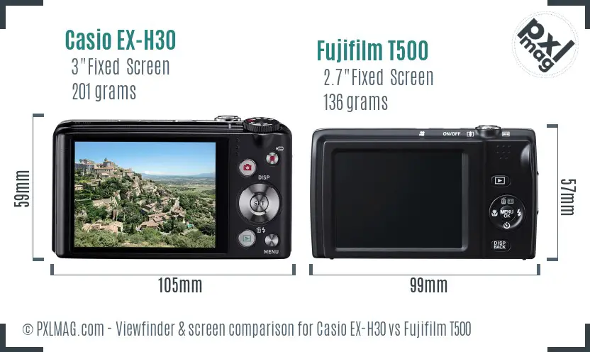 Casio EX-H30 vs Fujifilm T500 Screen and Viewfinder comparison