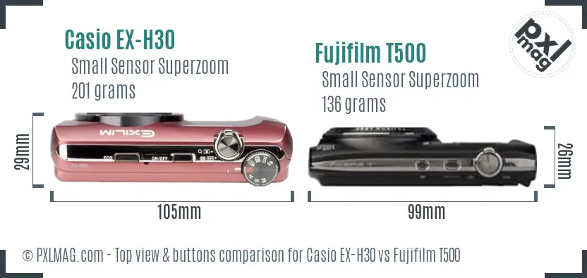 Casio EX-H30 vs Fujifilm T500 top view buttons comparison