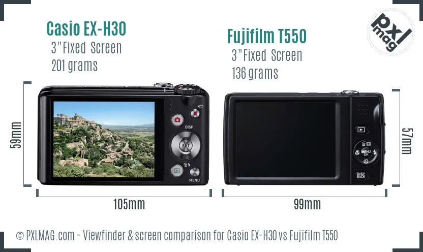 Casio EX-H30 vs Fujifilm T550 Screen and Viewfinder comparison