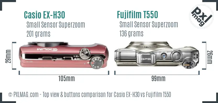 Casio EX-H30 vs Fujifilm T550 top view buttons comparison