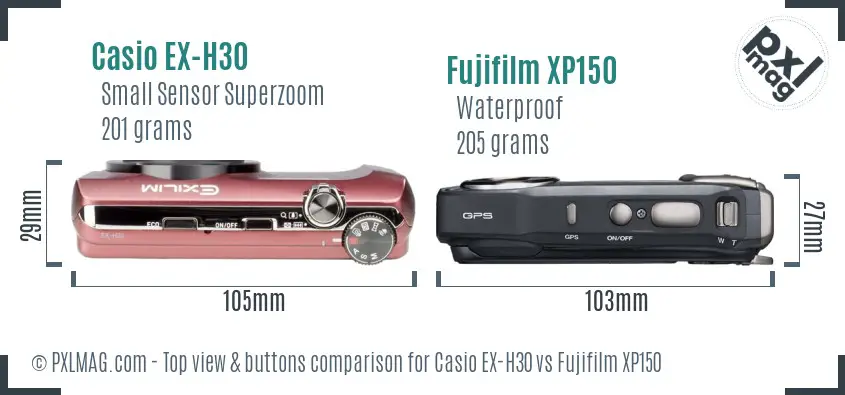 Casio EX-H30 vs Fujifilm XP150 top view buttons comparison