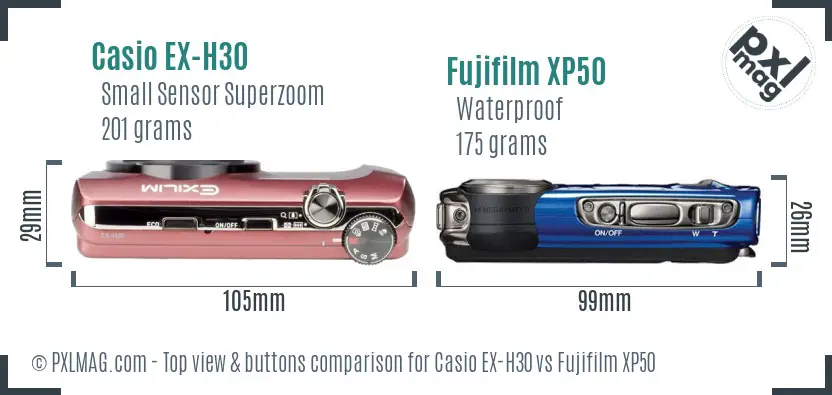 Casio EX-H30 vs Fujifilm XP50 top view buttons comparison