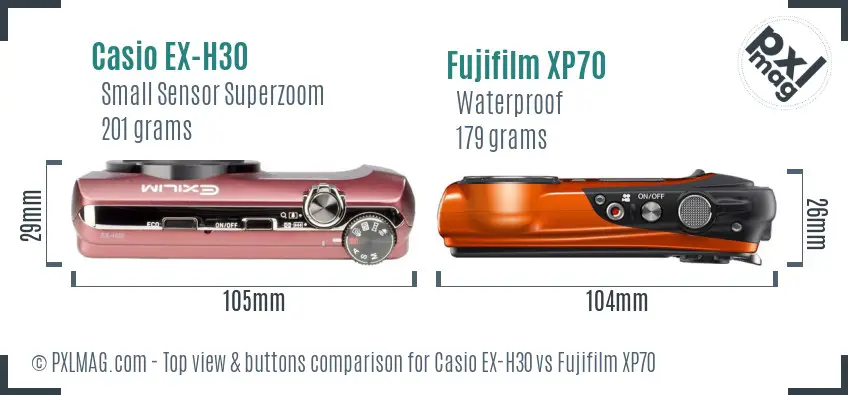 Casio EX-H30 vs Fujifilm XP70 top view buttons comparison