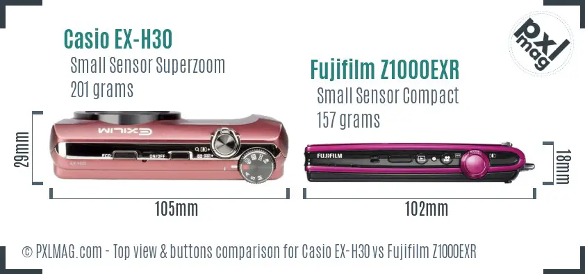 Casio EX-H30 vs Fujifilm Z1000EXR top view buttons comparison