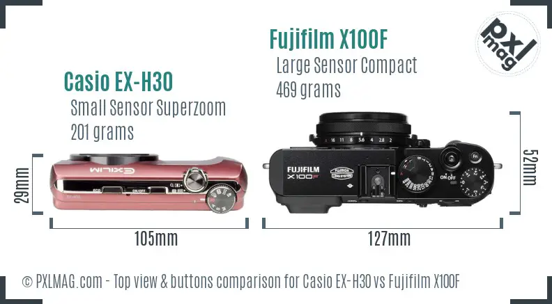 Casio EX-H30 vs Fujifilm X100F top view buttons comparison