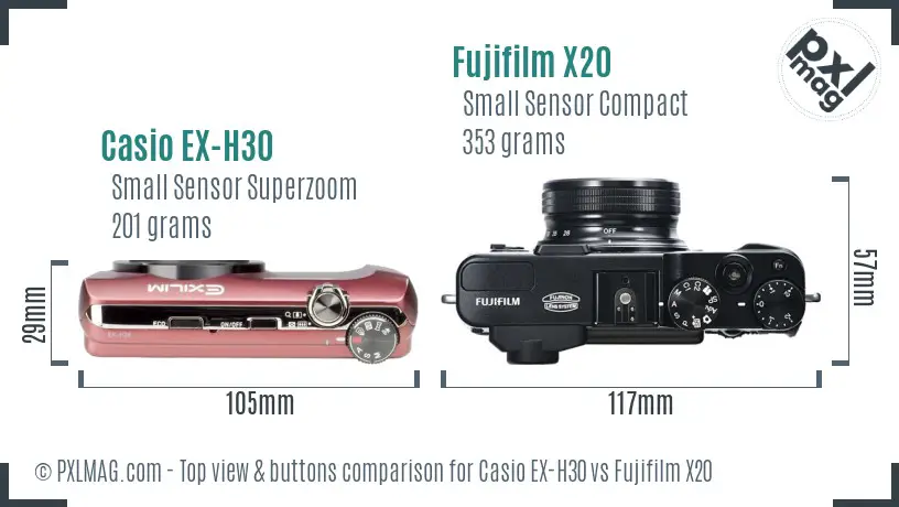 Casio EX-H30 vs Fujifilm X20 top view buttons comparison Casio EX-H30 vs Fujifilm X20 top view buttons comparison