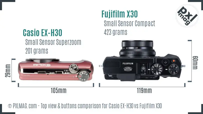 Casio EX-H30 vs Fujifilm X30 top view buttons comparison