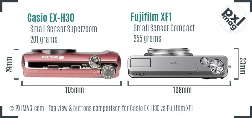 Casio EX-H30 vs Fujifilm XF1 top view buttons comparison Casio EX-H30 vs Fujifilm XF1 top view buttons comparison