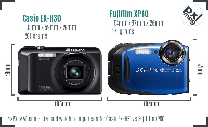 Casio EX-H30 vs Fujifilm XP80 size comparison