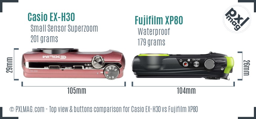 Casio EX-H30 vs Fujifilm XP80 top view buttons comparison