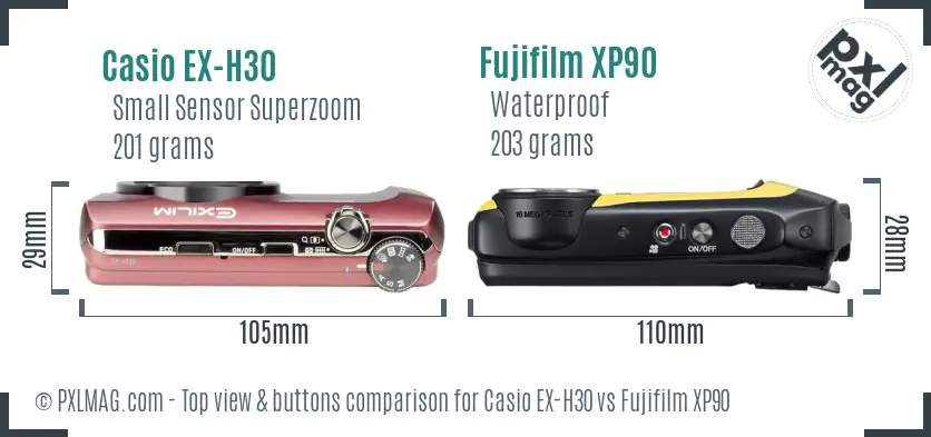 Casio EX-H30 vs Fujifilm XP90 top view buttons comparison Casio EX-H30 vs Fujifilm XP90 top view buttons comparison
